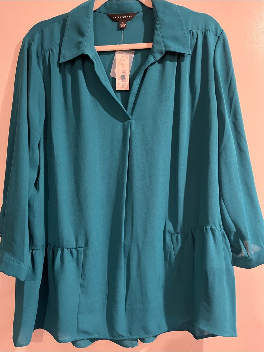 Investments Women Teal Button-Down Peplum Shirt